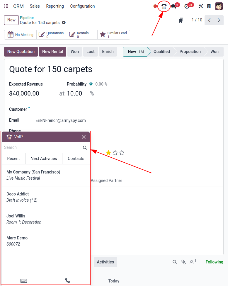 View of CRM leads and the option to schedule an activity for Odoo Discuss.