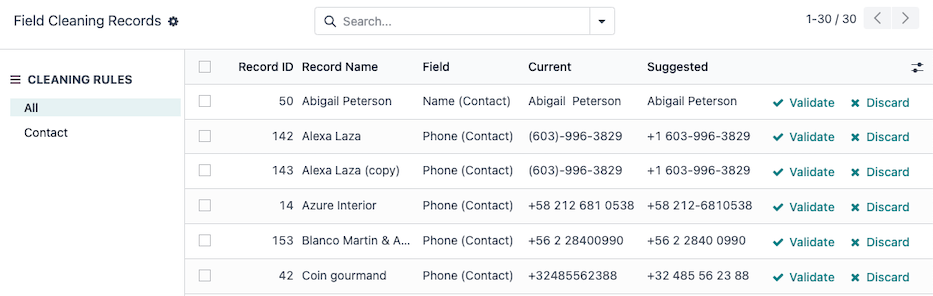 Field Cleaning Records dashboard in the Data Cleaning application.