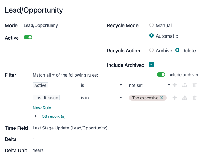 Recycle records rule form for a lead/opportunity.