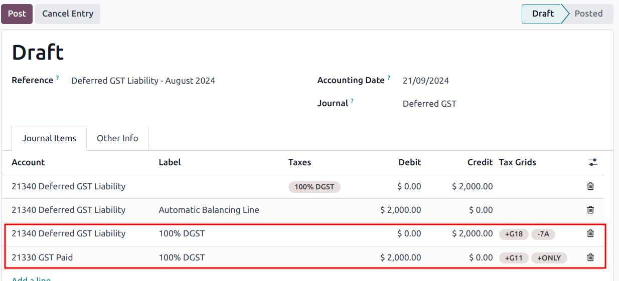 The journal entry with the auto-balancing line and BAS tax grids