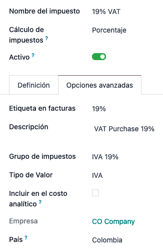 Specific tax configurations per DIAN regulations.