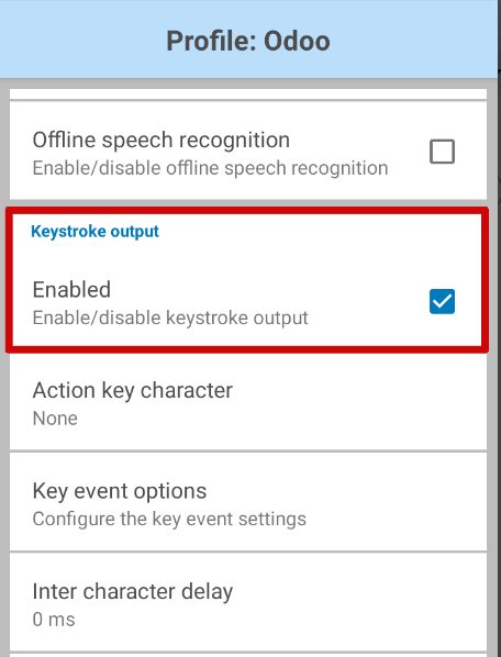 Show keystroke option in the Zebra scanner's DataWedge app.