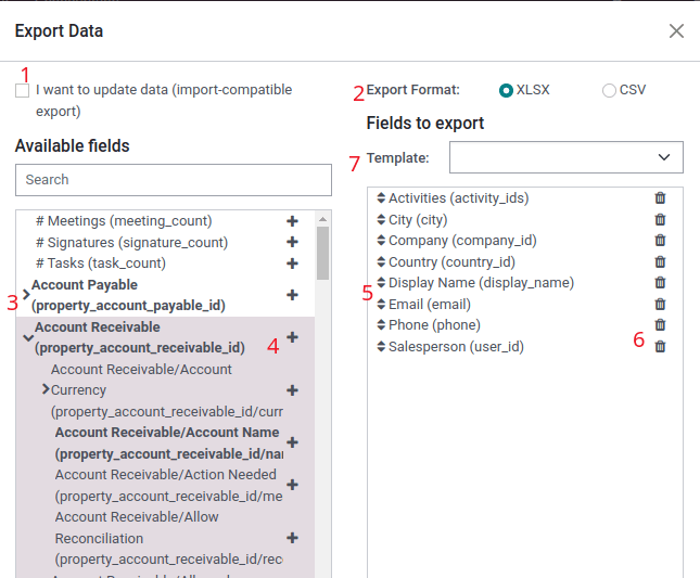 Overview of options to consider when exporting data in Odoo.