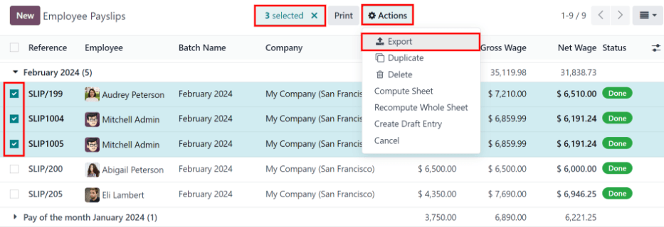 The individual list of employee ayslips with three selected to be exported.