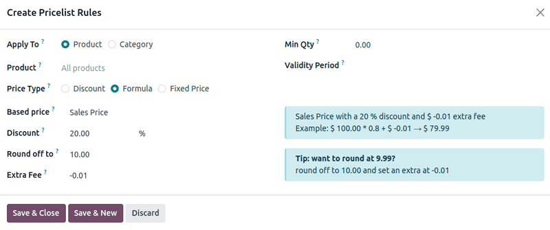 Example of a 20% discount with prices rounded to 9.99 in Odoo Sales.