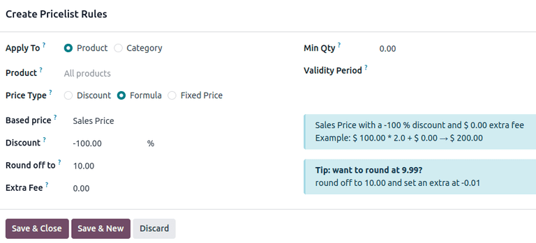 How it looks to formulate a markup cost with 5 dollar minimum margin in Odoo Sales.