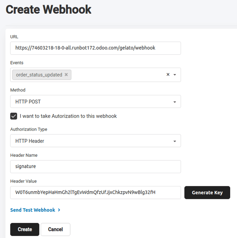 Newly configured webhook in the Gelato platform.