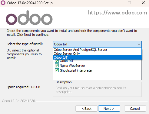 Selection of "Odoo IoT" during the installation of Odoo Community.