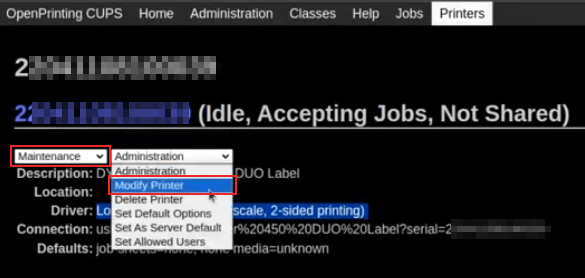 Modify the make and model of the DYMO LabelWriter. Maintenance and Modify dropdown menus highlighted.