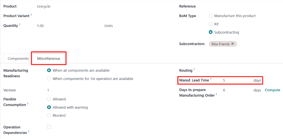 The Manuf. Lead Time field on a product's BoM.