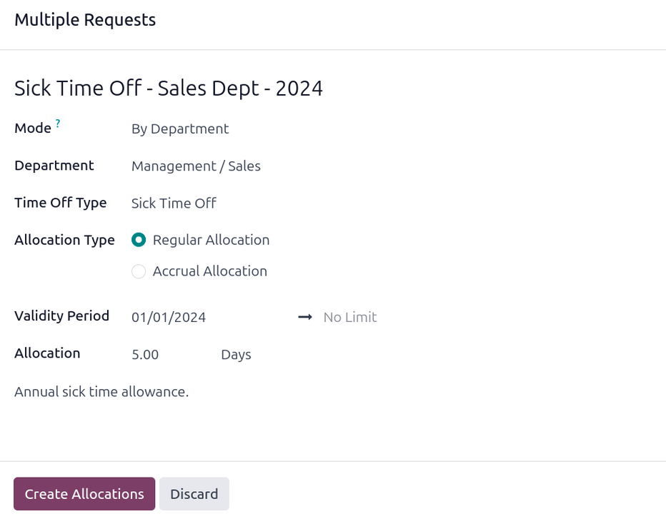 An allocation request form filled out for sick time for all employees within the sales department.