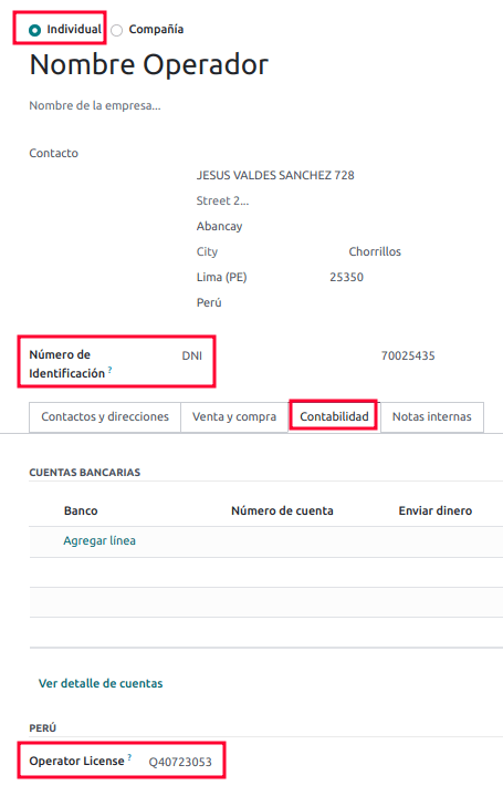 Individual type operator configurations in the Contact form.