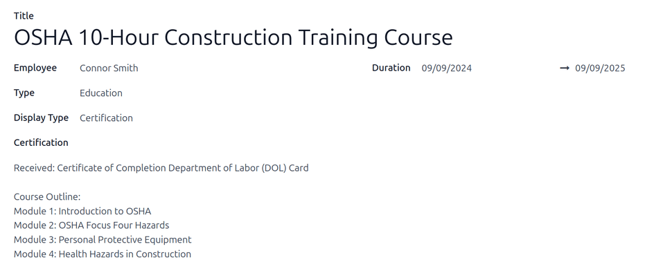 A certification form filled out for an OSHA certificate for construction.