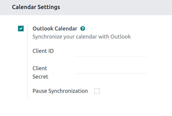 The "Outlook Calendar" setting activated in Odoo.