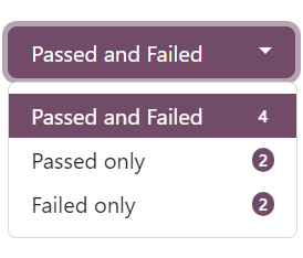 The 'Passed and Failed' drop-down menu on the 'See results' page of the Odoo Surveys app.