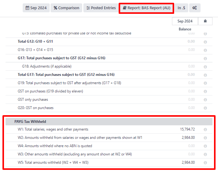 Example of a BAS report PAYG tax witheld section