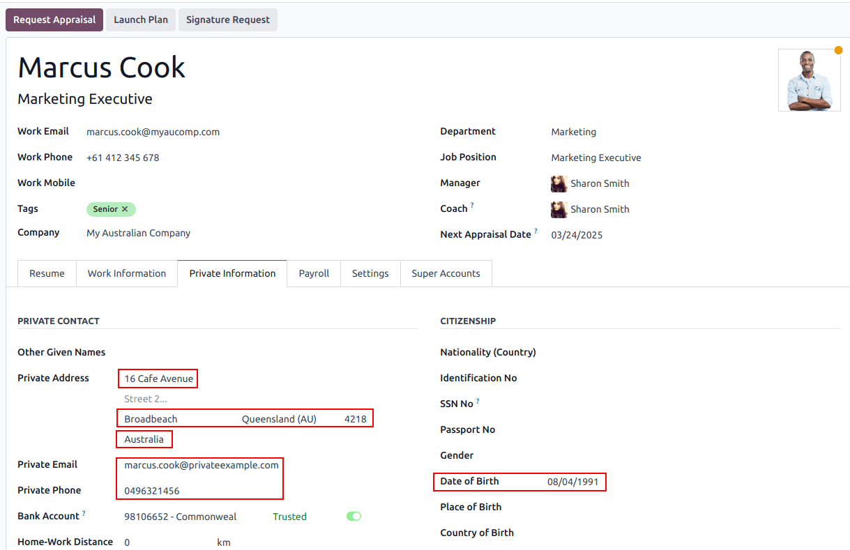 Employee private information tab for the Australian payroll localization