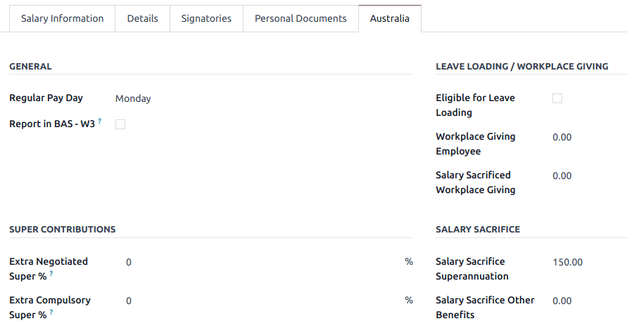 Employee settings tab for the Australian payroll localization