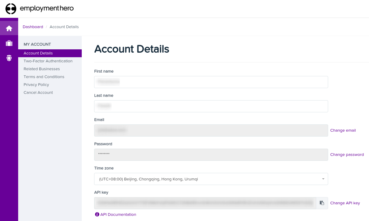 Finding the Employment Hero API key under the My Account section