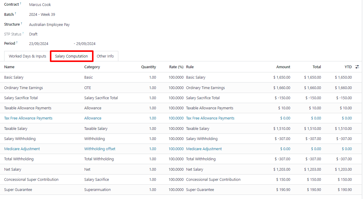 Salary computation tab of a payslip