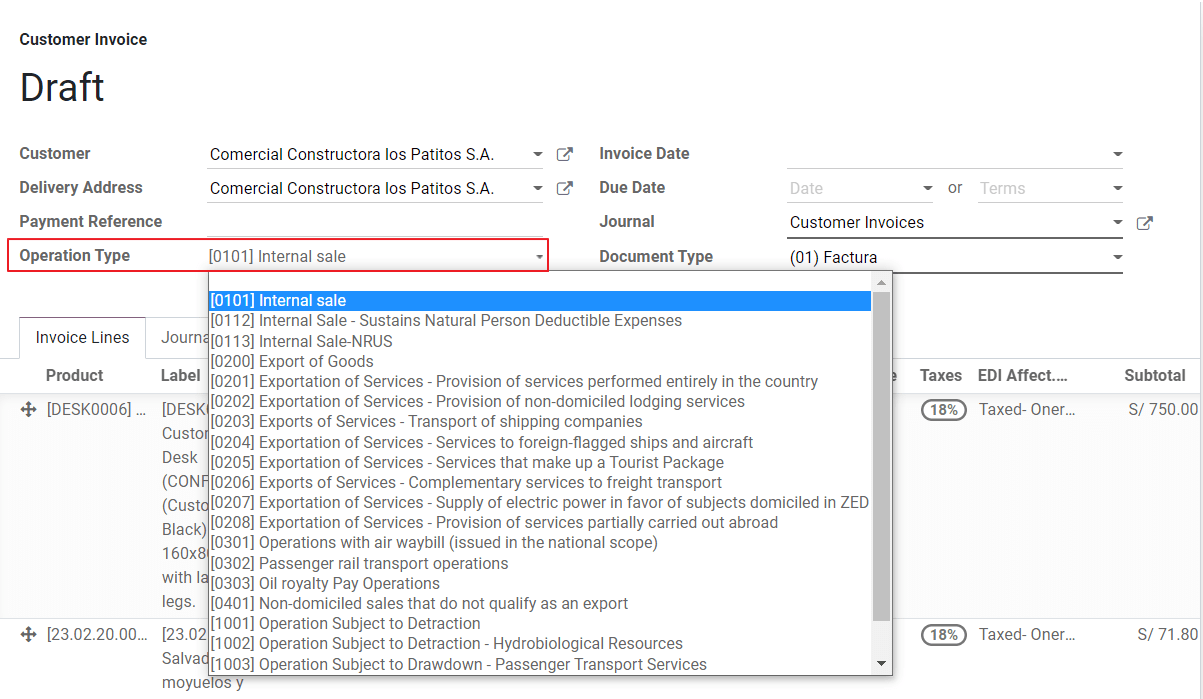 Invoice operation type field on invoices.