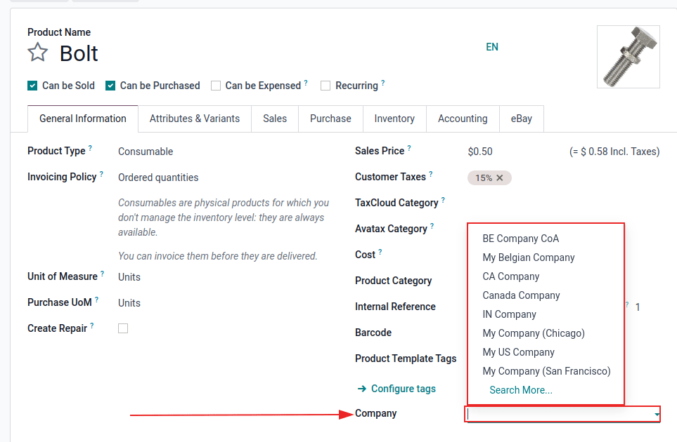 View of a product's form emphasizing the company field in Odoo Sales.