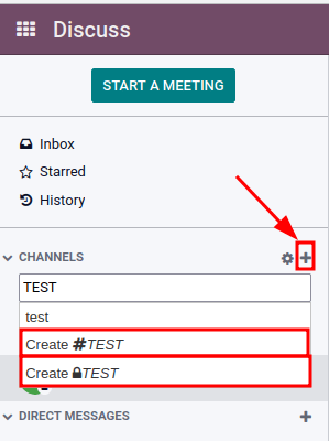 View of discuss's sidebar and a channel being created in Odoo Discuss.