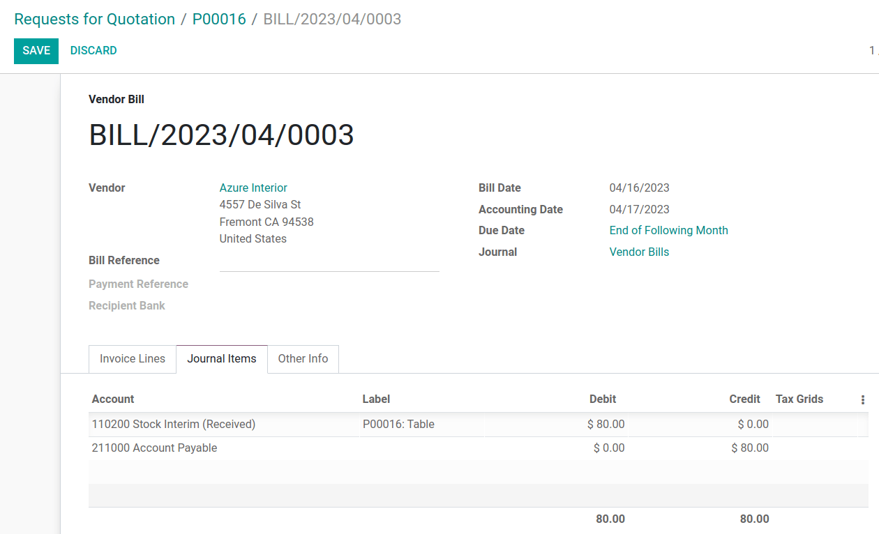 Show bill linked to the purchase order for 8 tables.