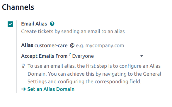 View of the settings page of a Helpdesk team emphasizing the email alias feature in Odoo Helpdesk.