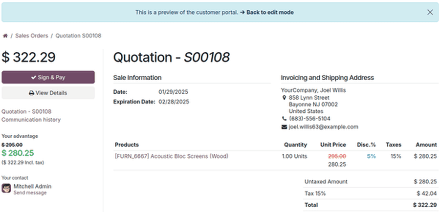 How a pricelist rule using Price Type: Discount appears on customer preview.