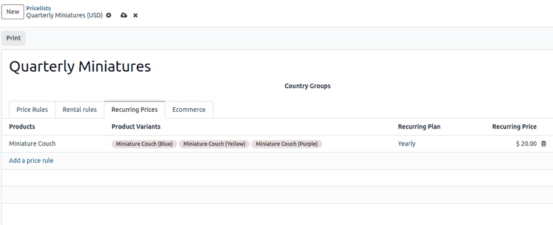 The recurring prices tab in a pricelist configuration form.