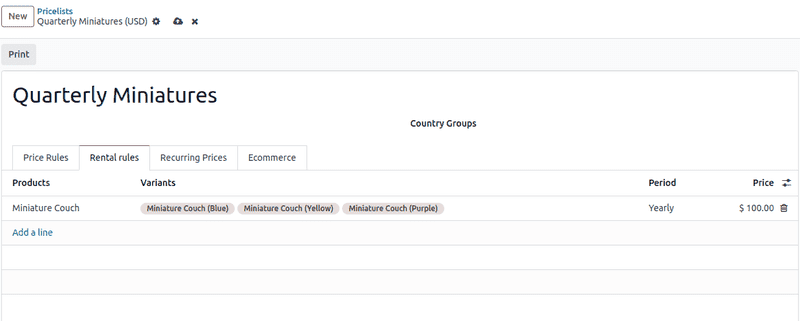 The rental tab in a pricelist configuration form.