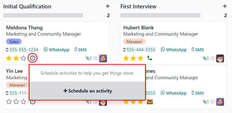 Kanban view of the CRM pipeline and the option to schedule an activity.