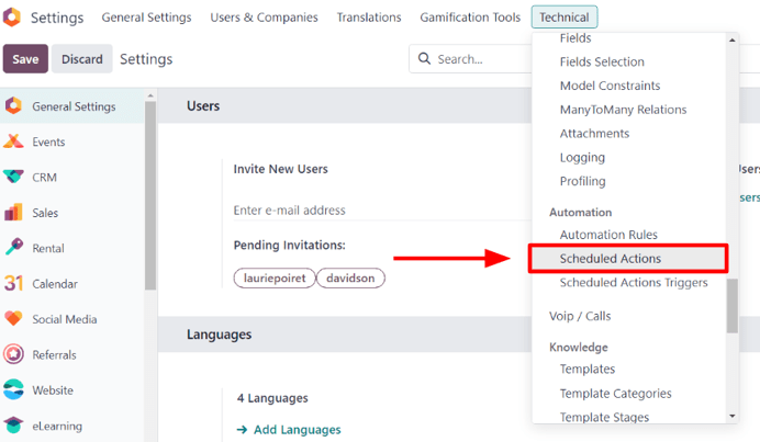 The scheduled actions option under the technical menu in the Odoo Settings application.