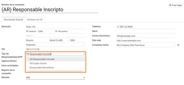 Select AFIP Responsibility Type.