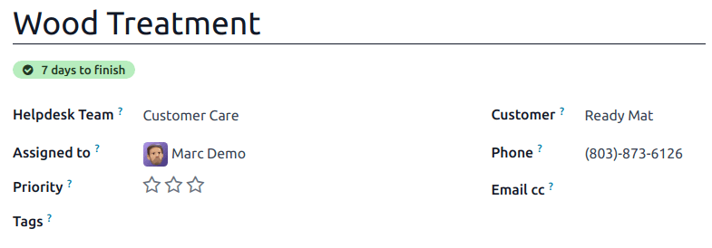 View of a ticket's form emphasizing a satisfied SLA in Odoo Helpdesk.