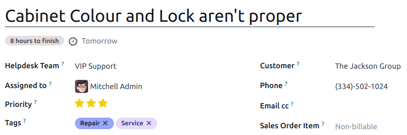 View of a ticket's form emphasizing an open SLA deadline on a ticket in Odoo Helpdesk.