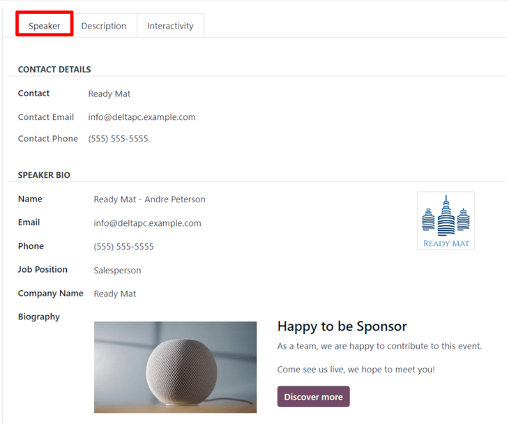 The Speaker tab on an event track form in the Odoo Events application.