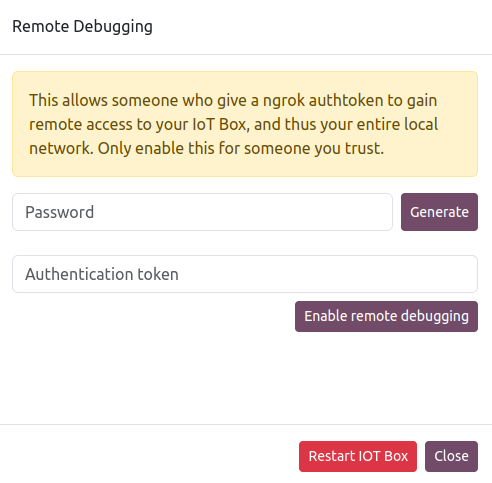 The Remote Debugging password generation window.