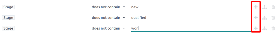 Three filter rules requiring that the Stage does not contain New, Qualified, or Won.