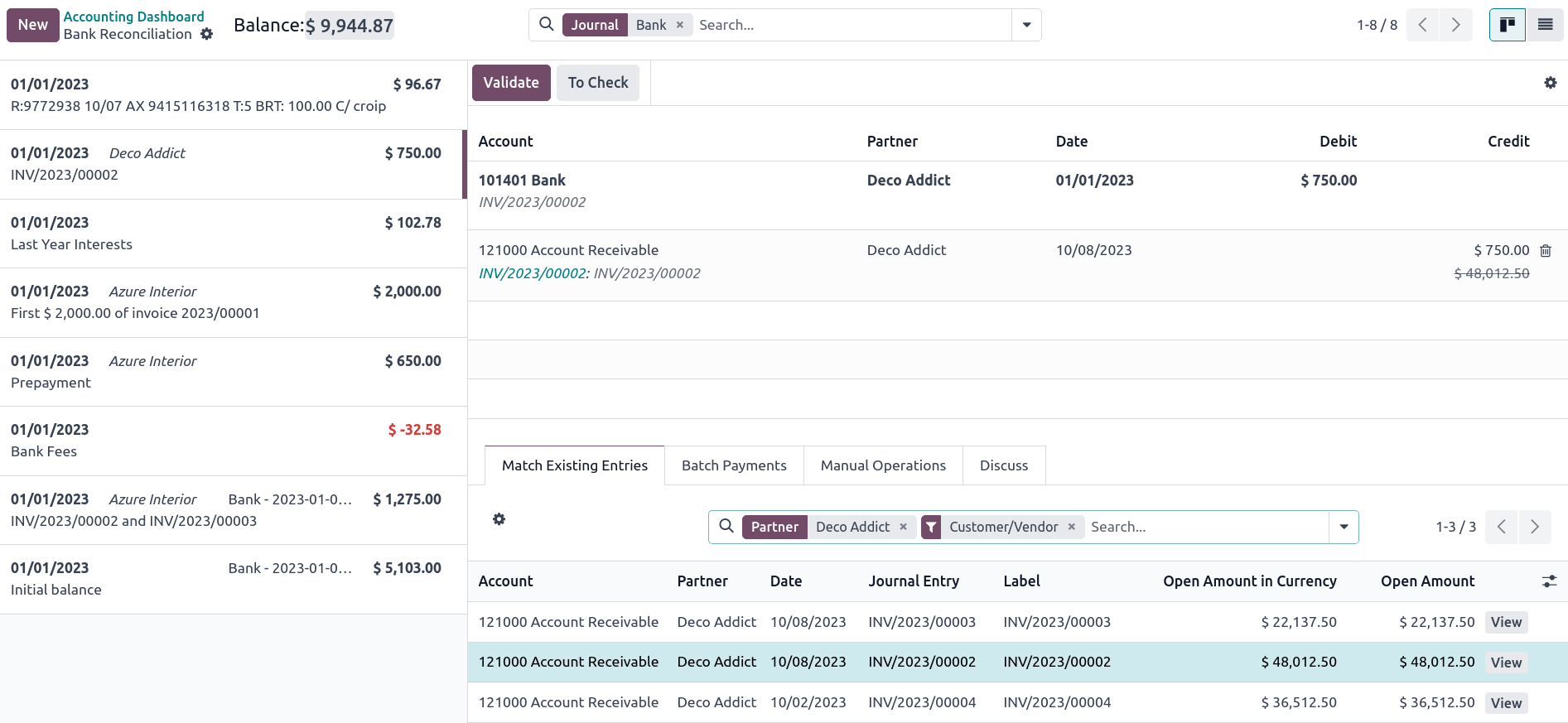 The user interface of the reconciliation view of a bank journal.